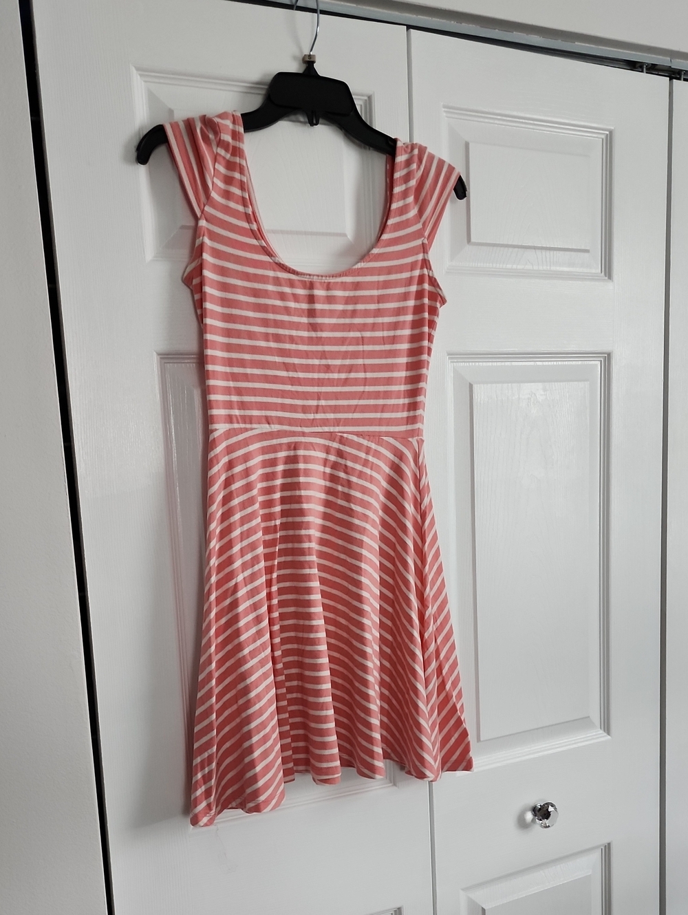 Striped Sleeveless Fit-and-Flare Dress - Coral and White